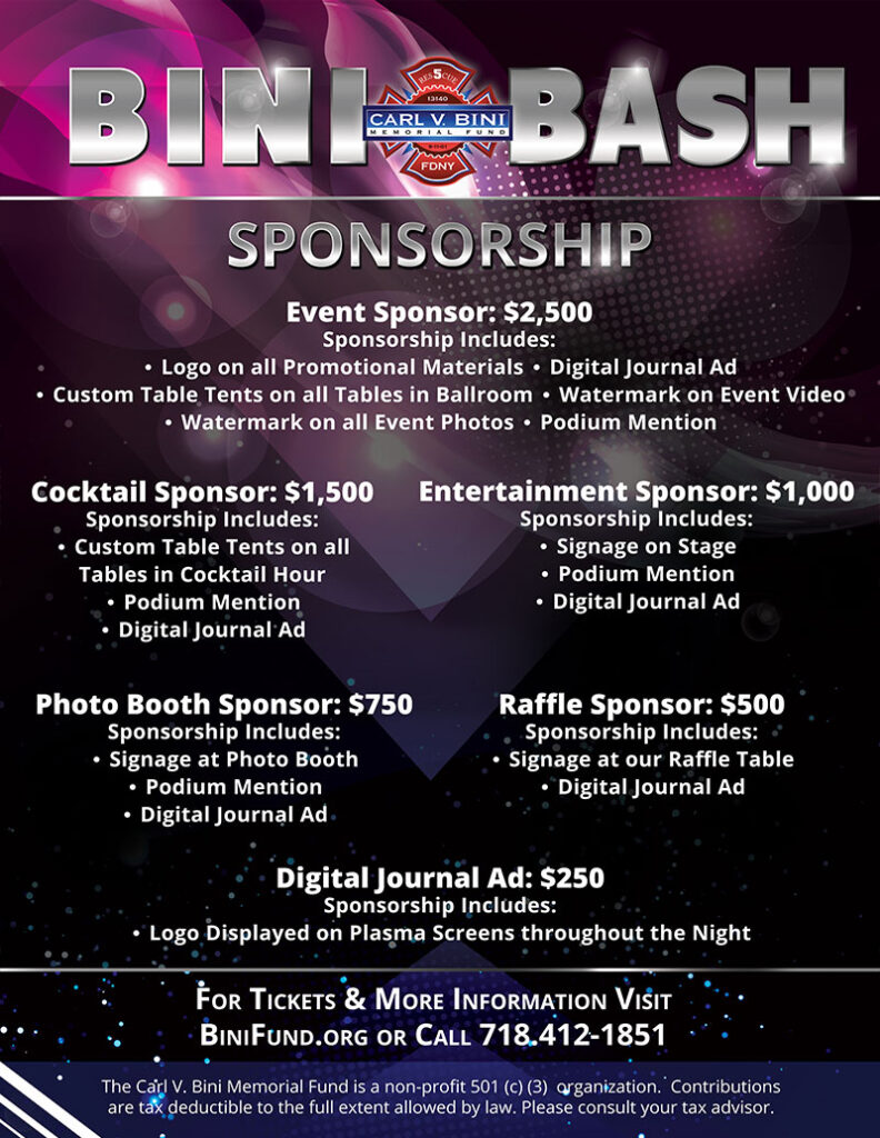 The Annual Bini Bash Jan. 29, 2022 at Nicotra's Ballroom. Sponsorship packages ranging from $250 to $2,500. Call 718-412-1851 for more info.
